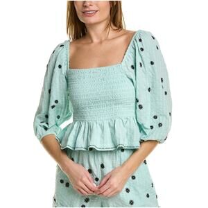 Tanya Taylor Emma Top Aqua and Navy Smocked Top with Balloon Sleeves Ruffles Med